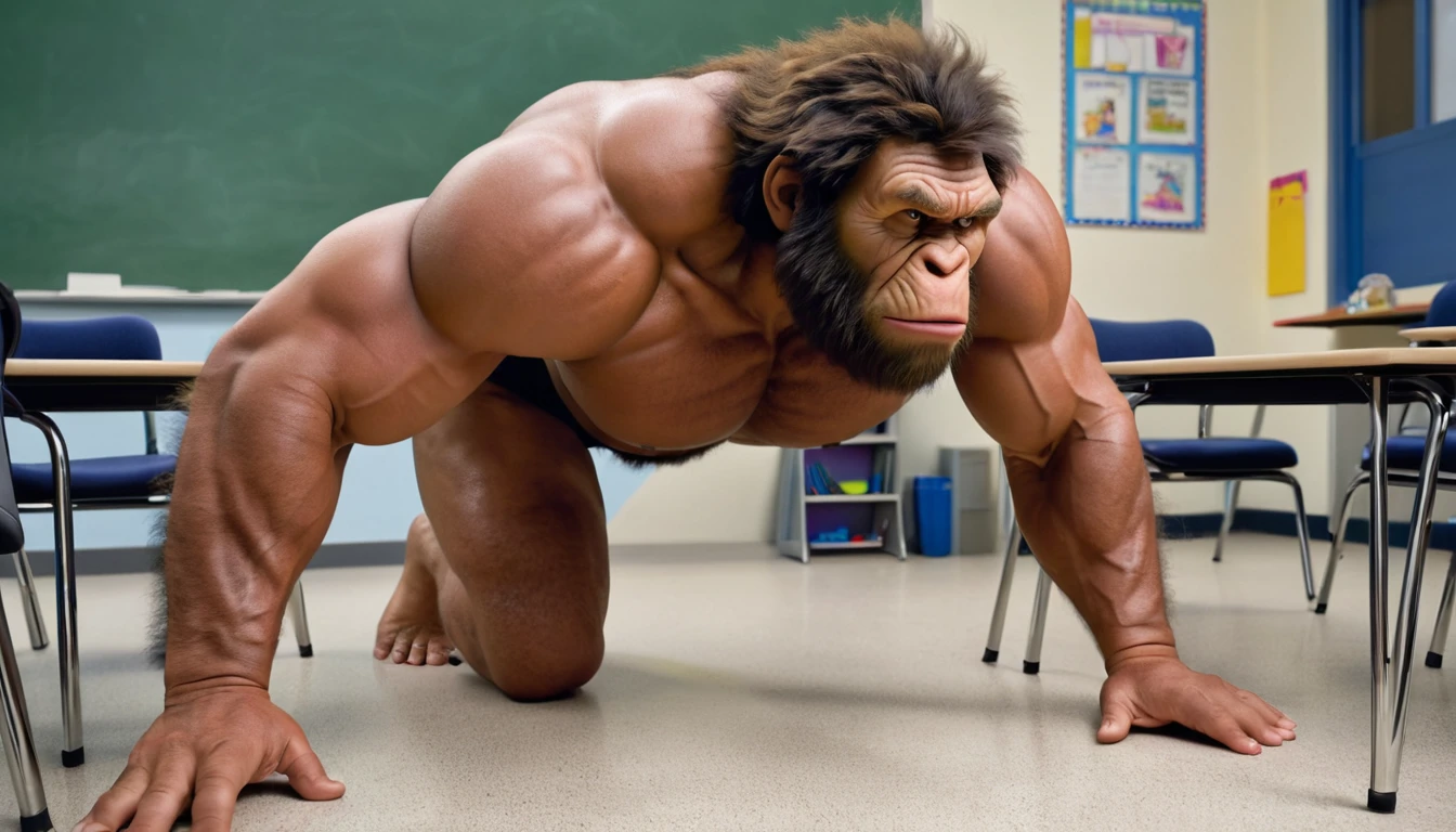 (RAW photo of a Neanderthals:1) , (hyper realistic:1.4), (Neanderthal man:1.4),(half gorilla mix :0.1),(big bulge:1.5), tall, bulky,hulk body, chubby belly, (very muscular:2), (hairy body:1.5),(detail face:1.1), tan skin, thick arms, (veiny arms:1.1), (bloated gut:1.5),(wearing underwear:1.1),(black thong:1.1), thick legs, rounded pecs, (big arms:1.1), veiny arms, dark brown skin, (alone in a classroom:1.1) ,(hunching down:1.1), on all fours, hdr, photorealistic masterpiece, cinematic, best quality, sharp focus,