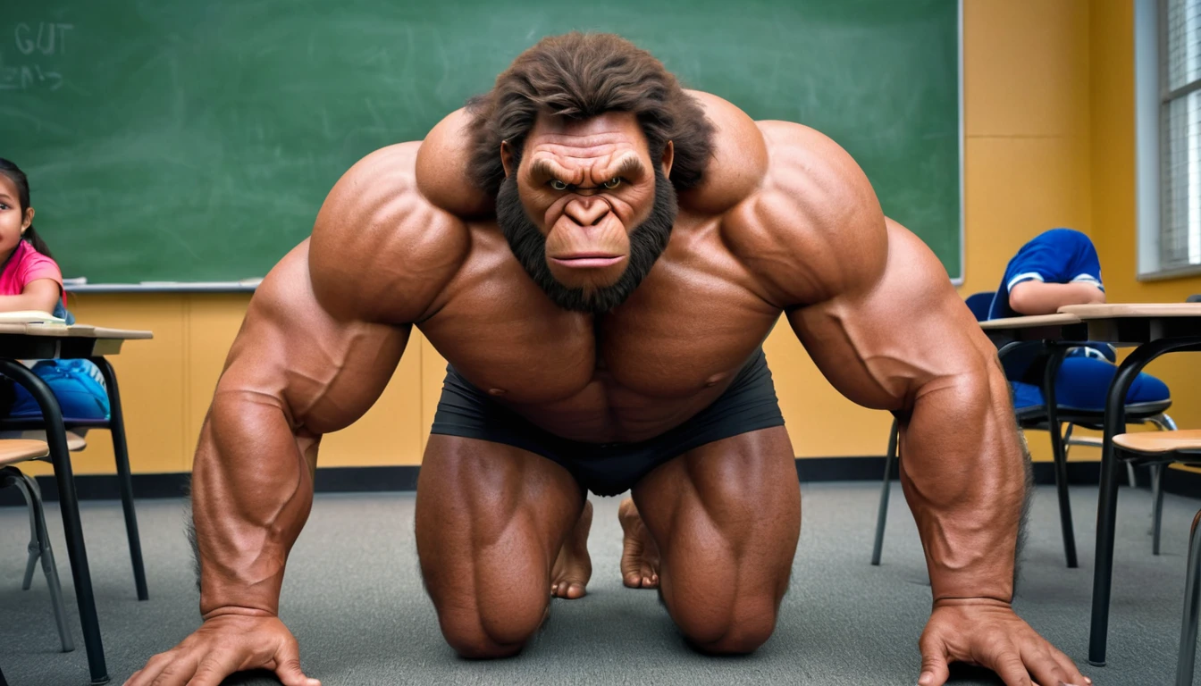 (RAW photo of a Neanderthals:1) , (hyper realistic:1.4), (Neanderthal man:1.4),(half gorilla mix :0.1),(big bulge:1.5), tall, bulky,hulk body, chubby belly, (very muscular:2), (hairy body:1.5),(detail face:1.1), tan skin, thick arms, (veiny arms:1.1), (bloated gut:1.5),(wearing underwear:1.1),(black thong:1.1), thick legs, rounded pecs, (big arms:1.1), veiny arms, dark brown skin, (alone in a classroom:1.1) ,(hunching down:1.1), on all fours, hdr, photorealistic masterpiece, cinematic, best quality, sharp focus,
