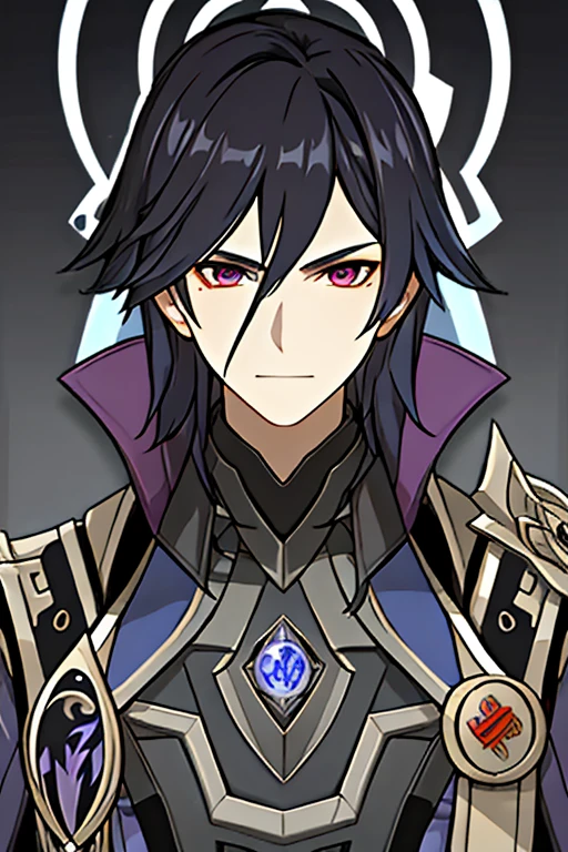 Full HD, best resolution, detalhes perfeitos, simply white background, impacto genshin muscular male character, unique character, Serious appearance, black suite, , short wavy black hair, smoothing for behind,black goatee, visual novel, detailed black armor, high qualiy, cinematic, dramatic pose, details Intricate, swirly vibrant colors, work of art, impacto genshin, purple jewel on a golden coat of arms