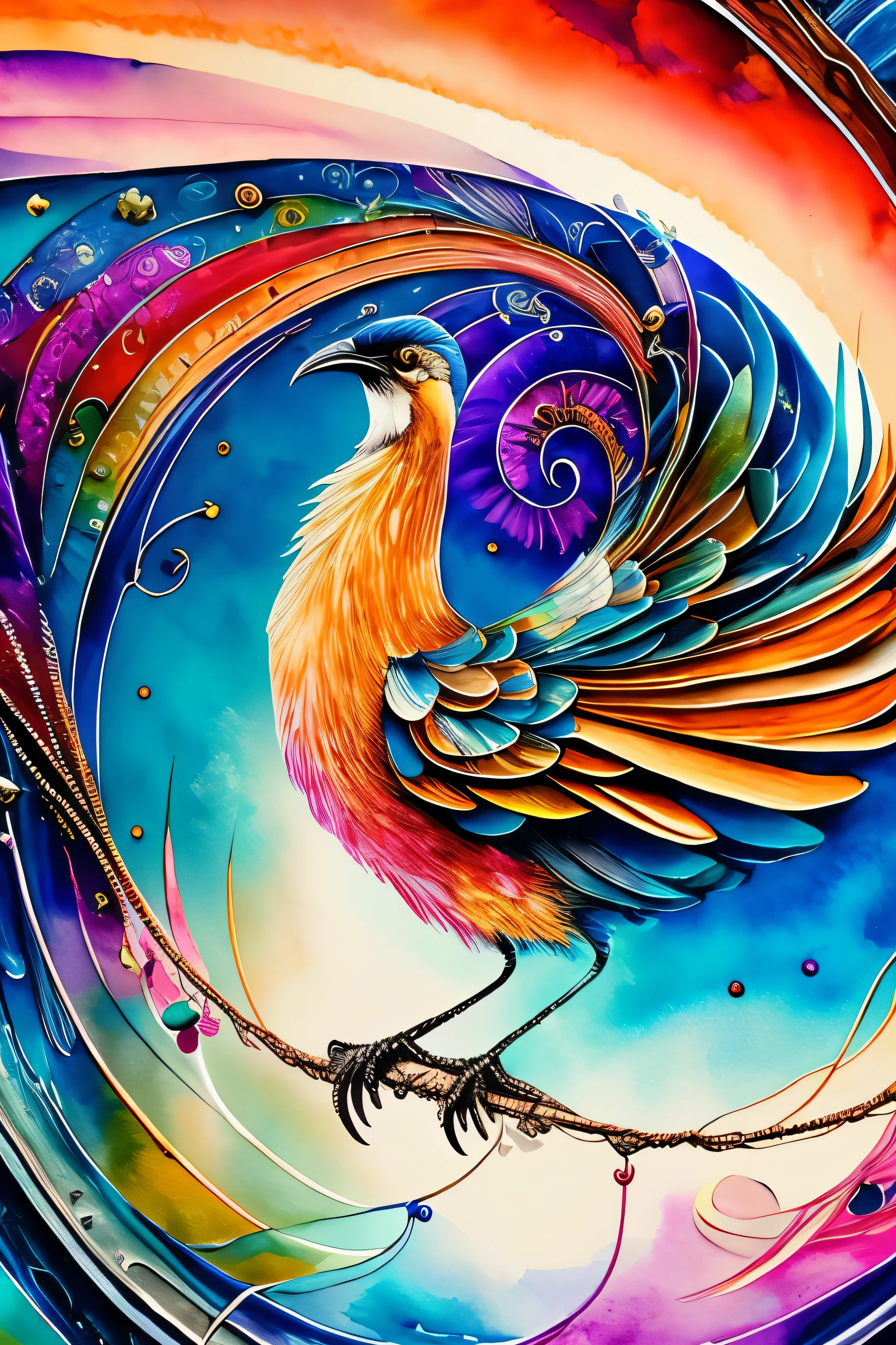 Several enchanting birds gracefully perch on a weathered wire, their big round eyes gleaming with curiosity. One bird, in a playful act, hangs upside down, its wings splayed out as if mid-flight. The whimsical scene unfolds in a delicate dance of ink and watercolor, the brushstrokes bringing forth a dreamlike quality that transports the viewer into a realm of fantasy. The intricate details and vibrant colors echo the delicate balance between reality and imagination, making it a captivating masterpiece. (Masterpiece), ((best quality)), realistic, 8k, ultra-detailed, watercolor scenery, ConceptArt, Highly detailed