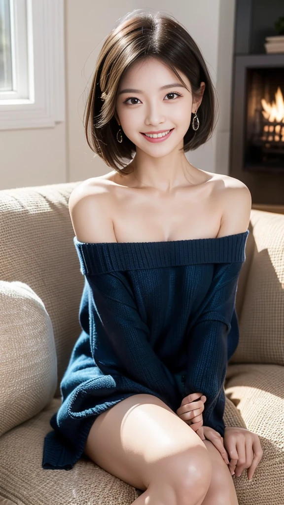 "prompt": "A woman with short black hair is sitting on a sofa, wearing a colorful off-shoulder knit that reaches her knees. She is radiating the best smile, exuding warmth and happiness. The scene is set in a cozy living room with soft lighting, highlighting her joyful expression. The knit is vibrant and detailed, adding a pop of color to the setting. The overall atmosphere is cheerful and inviting, capturing a moment of pure joy and comfort.",