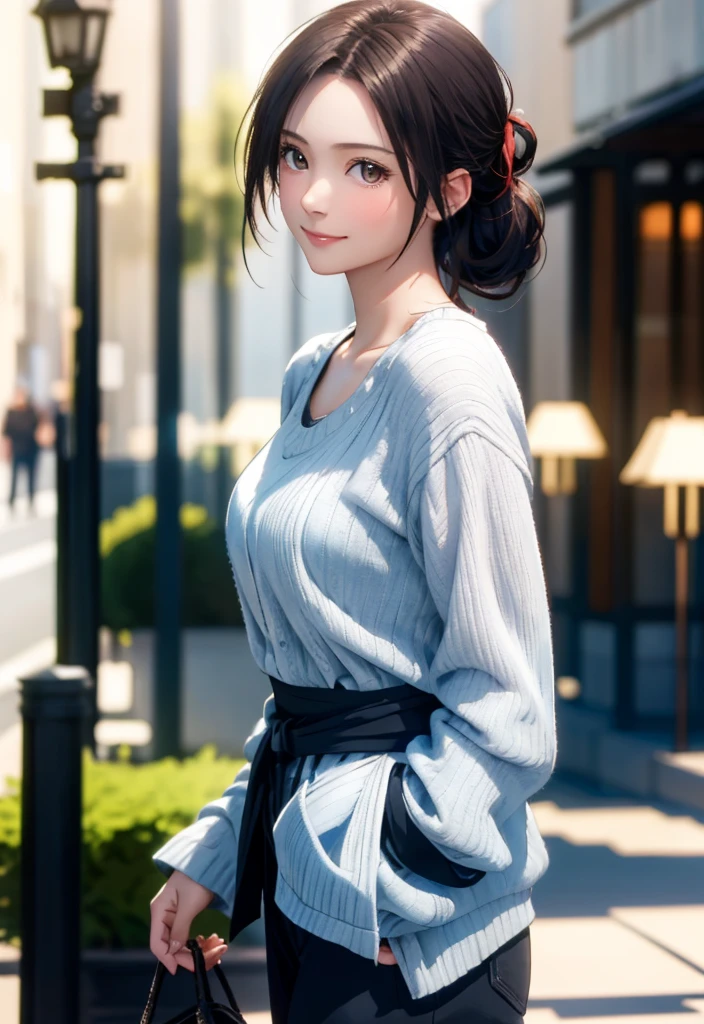 8K, of the highest quality, masutepiece:1.2), (Realistic, Photorealsitic:1.37), of the highest quality, masutepiece, Beautiful young woman, Pensive expression,、A charming、and an inviting look,casual clothes, Hair tied back, Cinematic background, Light skin tone, light smile,