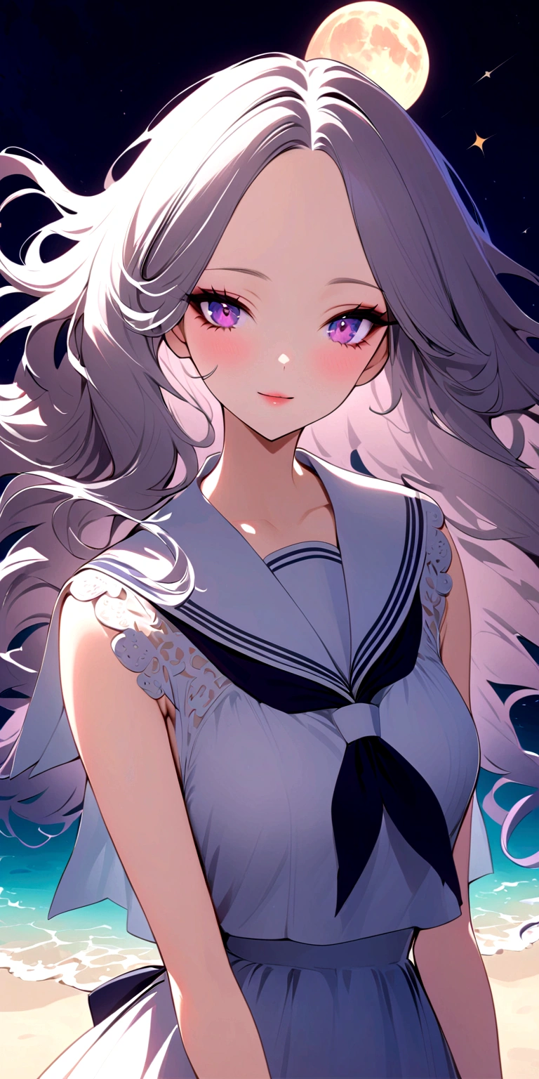 Highest quality,１People Girls, cute, White Hair,Long Hair, Floating hair,Curly Hair,Bangs that expose the forehead, Bright white eyes, Elegant and delicate eyes, Detailed facial features, Long eyelashes, Beautiful lip detail, graceful and detailed poses, Dynamic configuration,Vibrant colors, Soft and dreamy,A cheerful smile,Ocean,Sandy Beach,hibiscus,Night Sky,star,moon,Sailor suit,Sandy Beachの上に座る,Align your feet,1 person,sexy