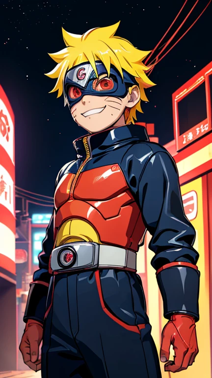 (8k),(masterpiece),(Japanese),(8-year-old boy),((innocent look)),((Childish)),From the front,smile,cute,Innocent,Kind eyes,Flat chest, Uzumaki Naruto, Superhero,Kamen Rider,red helmet,red domino mask,Yellow Hair,Strong wind,night,dark, Neon light cyberpunk Konoha village