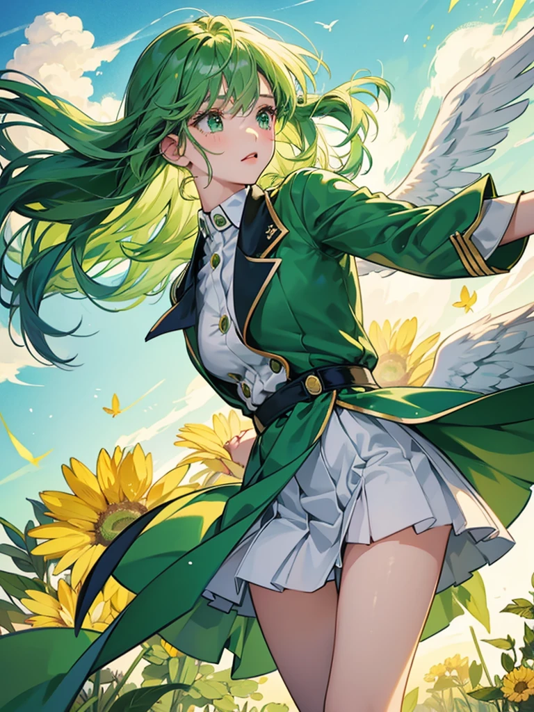 An angel girl with wings, flying, green hair, wind blowing, a frog being blown away by wind magic, a crying frog, wearing a uniform with green and gold lines