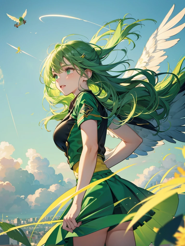 An angel girl with wings, flying, green hair, wind blowing, a frog being blown away by wind magic, a crying frog, wearing a uniform with green and gold lines