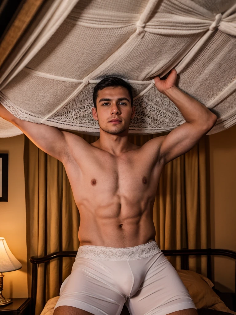 handsome Young man, Very good figure,short haircut,white skin,Not wearing a shirt  ,wearing bikini underware on a bed.  This man has black hair.  The body is quite thin.  and has hair on the body and arms a bed, but it's a little firmer. The bedspread is made of lace, and the ceiling of the room is made of laced curtains. The background is a little blurred, as if from a dream. The room is dimly lit, as if lit by a night lamp, casting long shadows.