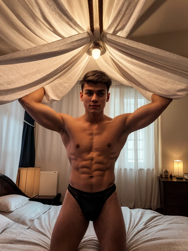 handsome Young man, Very good figure,short haircut,white skin,Not wearing a shirt ,wearing bikini underware on a bed. This man has black hair. The body is quite thin. and has hair on the body and arms a bed, but it's a little firmer. The bedspread is made of lace, and the ceiling of the room is made of laced curtains. The background is a little blurred, as if from a dream. The room is dimly lit, as if lit by a night lamp, casting long shadows.
