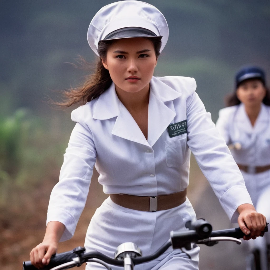 cinematic film still of  In the 1980's In Hong Kong China a woman in a white nurse uniform bodysuit holding a ww2 gun,1girl,solo,breasts,brown hair,hat,weapon,blurry,gun,blood,ground vehicle,motor vehicle,handgun,realistic,nurse cap,nurse,riding,motorcycle,Asian,cinematic,action-themed,violence,aim,aiming,pointing,Kodak,Film style,movie style,film grain,film contrast,action packed,serious,stunt,Hong Kong action cinema style,Asian,cinematic,action-themed,violence,aim,aiming,pointing,Kodak,Film style,movie style,film grain,film contrast,action packed,serious,stunt,Hong Kong action cinema style, shallow depth of field, vignette, highly detailed, high budget, bokeh, cinemascope, moody, epic, gorgeous, film grain, grainy