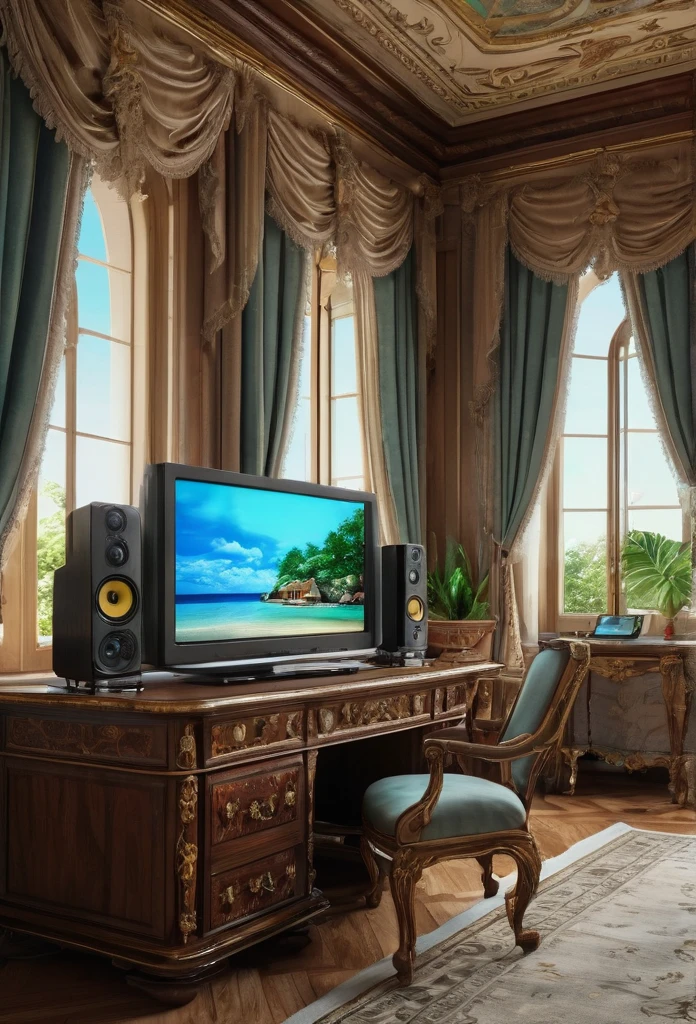 close up of a house with a tv in the background, a hyperrealistic, renaissance, luxurious furniture matching with the color of the palace, inside the giant palace, a computer desk with a nice computer on it, some speakers on it, and a notebook on the side table, a bed near it, an open window with an ocean and vegetation or forest scenery outside the window, luxurious environment, dream room