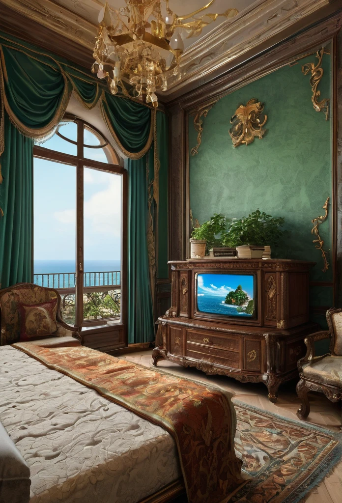 close up of a house with a tv in the background, a hyperrealistic, renaissance, luxurious furniture matching with the color of the palace, inside the giant palace, a computer desk with a nice computer on it, some speakers on it, and a notebook on the side table, a bed near it, an open window with an ocean and vegetation or forest scenery outside the window, luxurious environment, dream room