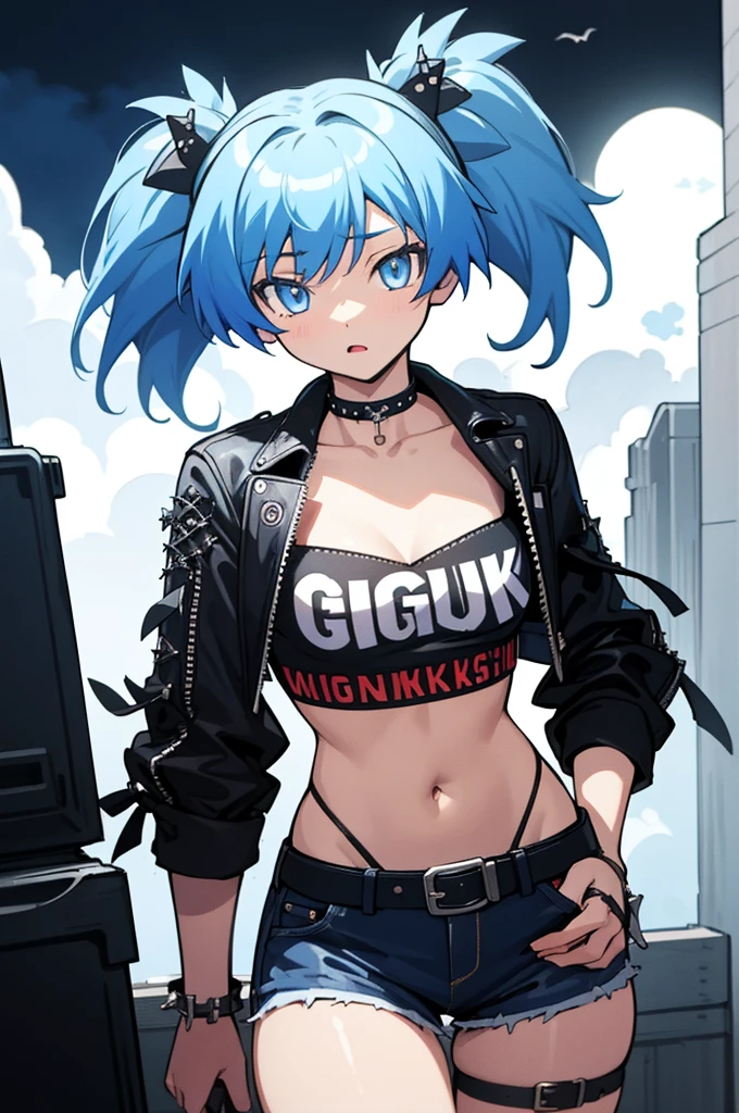 (masterpiece,best quality,highres:1.1),shiota_nagisa,blue hair,blue eyes,short twintails,1girl,medium breasts,alternate costume,chocker,(punk:1.3),(punk clothes:1.3),cowboy shot,,cityscape,gothic architecture,fog,night,dark tones,moonlight,mysterious atmosphere,gotham,