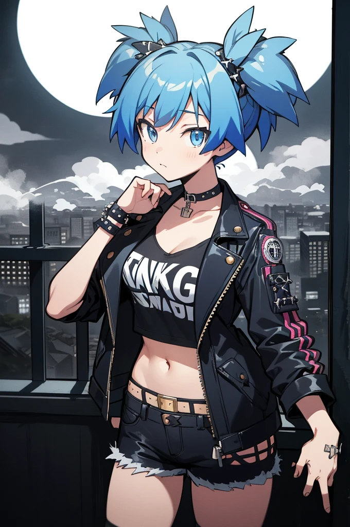 (masterpiece,best quality,highres:1.1),shiota_nagisa,blue hair,blue eyes,short twintails,1girl,medium breasts,alternate costume,chocker,(punk:1.3),(punk clothes:1.3),cowboy shot,,cityscape,gothic architecture,fog,night,dark tones,moonlight,mysterious atmosphere,gotham,