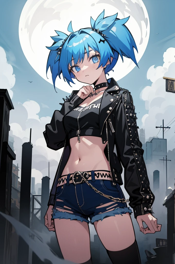 (masterpiece,best quality,highres:1.1),shiota_nagisa,blue hair,blue eyes,short twintails,1girl,medium breasts,alternate costume,chocker,(punk:1.3),(punk clothes:1.3),cowboy shot,,cityscape,gothic architecture,fog,night,dark tones,moonlight,mysterious atmosphere,gotham,