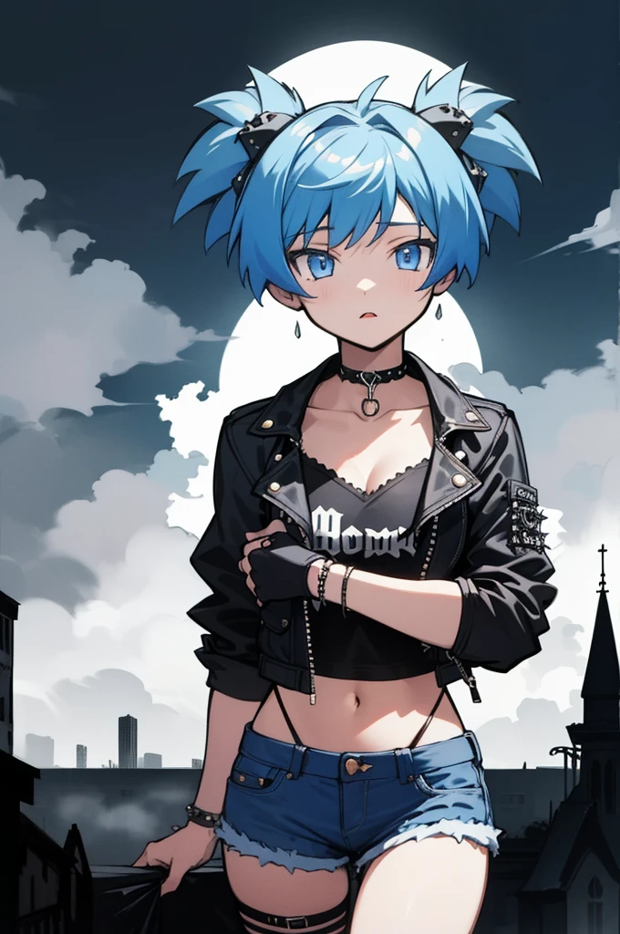 (masterpiece,best quality,highres:1.1),shiota_nagisa,blue hair,blue eyes,short twintails,1girl,medium breasts,alternate costume,chocker,(punk:1.3),(punk clothes:1.3),cowboy shot,,cityscape,gothic architecture,fog,night,dark tones,moonlight,mysterious atmosphere,gotham,