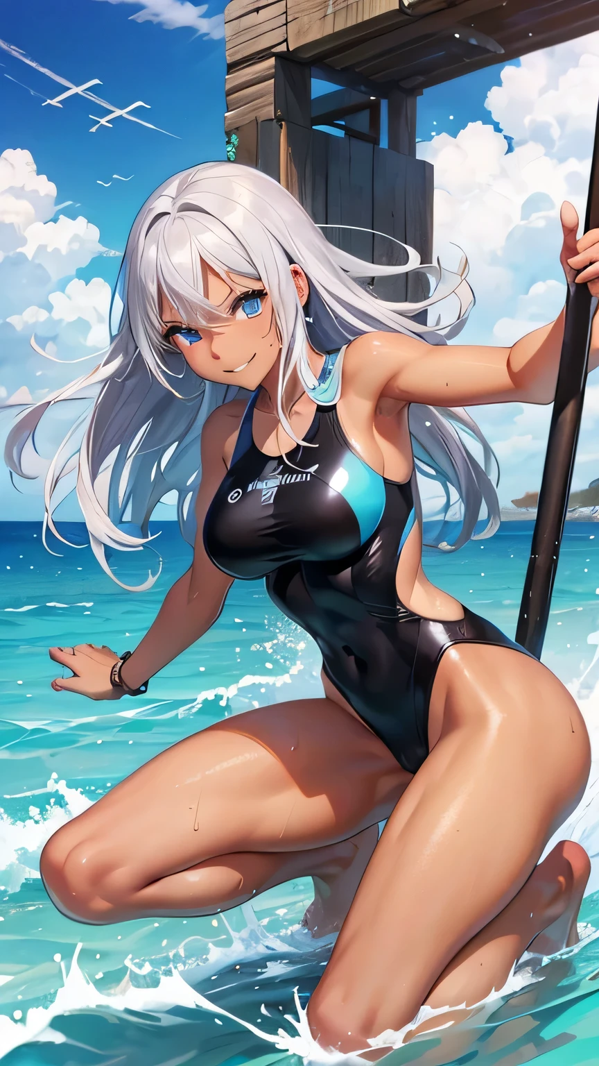 highest quality、Realistic、、female、Silver Hair、Light blue eyes、Long Hair、One piece swimsuit、Tanned black body、A well-trained body、muscle、athlete、Tan Skin、Brown black skin、slender、Sweat、smile、Ocean、Cowbo Shot