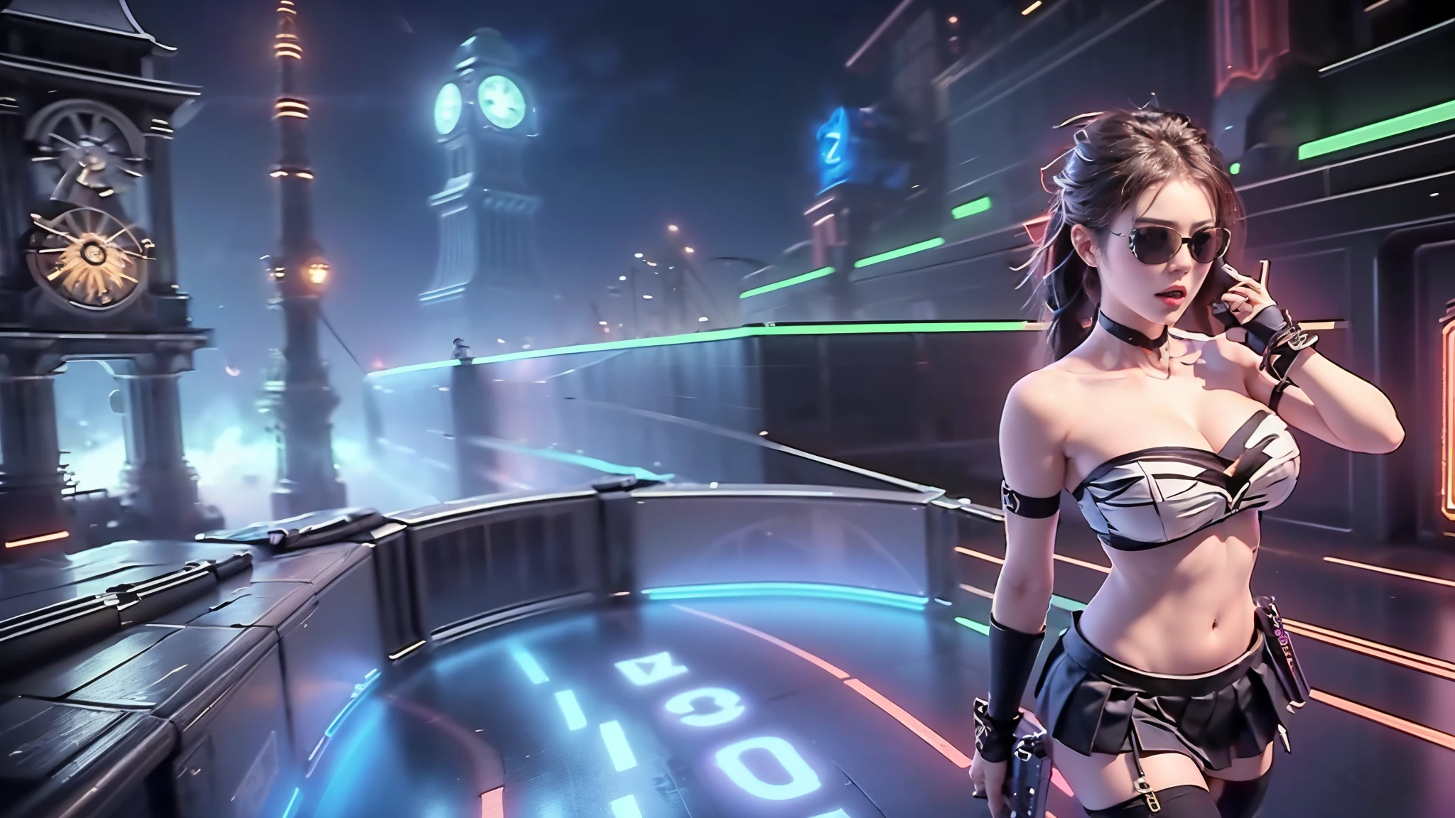 (aerial view). at night, futuristic sci-fi cyberpunk city, broad viaduct, skyscrapers at the end of the viaduct, the movie "13th Floor" style, (((((voltex-spirit-spreading giant clock tower as time machine))))), hq. Matrix style, at night, (1girl, solo), photo realistic, (large-breast:1.2 slim body, cleavage:1.3), (((tube top, extreamly short pleated (((miniskirt))) exposing panty))), (((((matrix style black sunglasses))))), (((((aiming at camera with a (short pistol)))))), (((half-body (thigh level) medium shot))), (cinematic lighting).