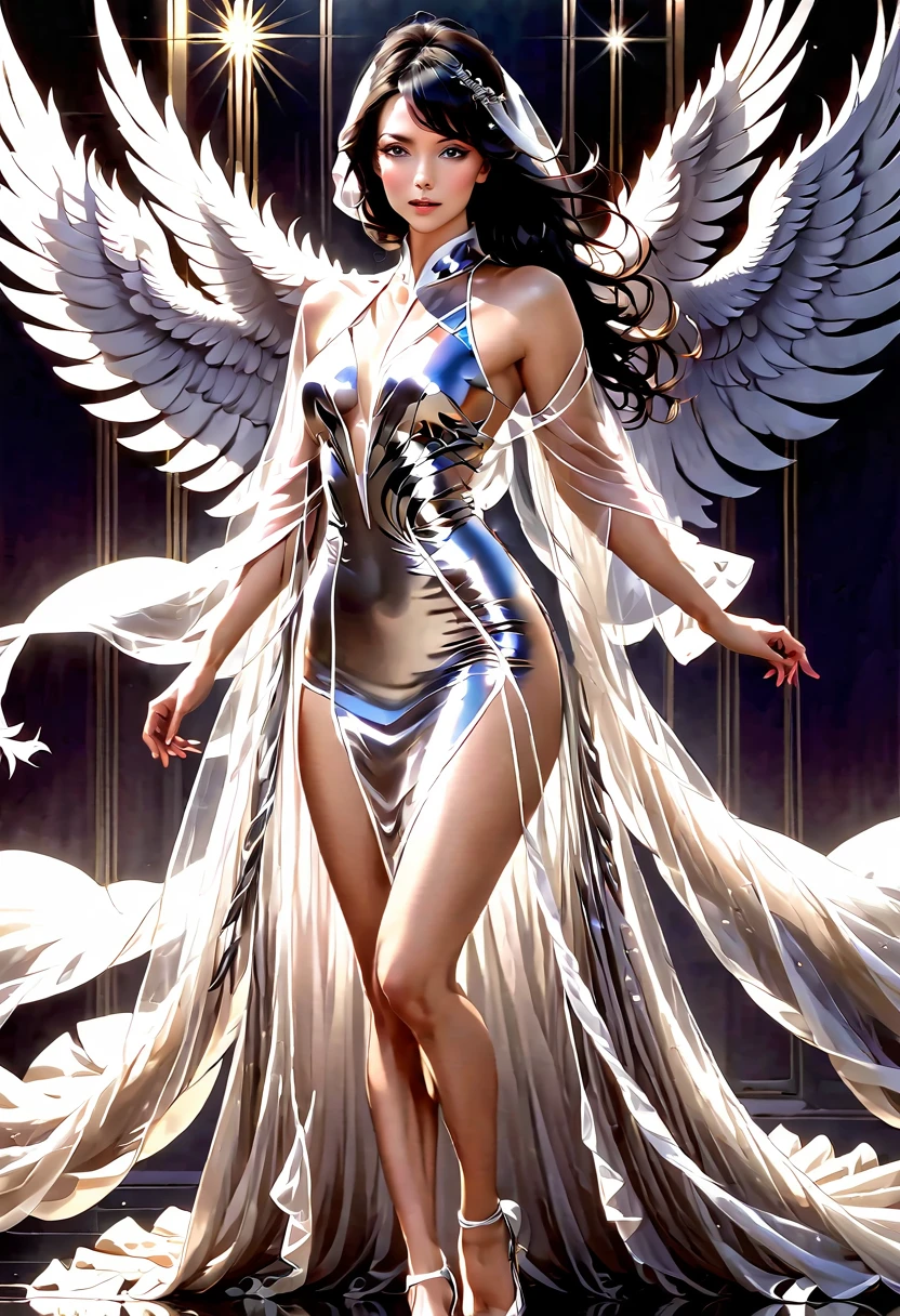 A modern and futuristic 3D style logo, highlighting the name "BIGURILHAS rapatabuas". The brand features a silhouette of an elegant woman dressed in a variety of outfits, representing the diversity of products offered. The three-dimensional drawing is illuminated by a silvery glow, giving a feeling of luxury and quality. The background is composed of abstract geometric shapes, that symbolize the innovation and creativity of clothing manufacturing.