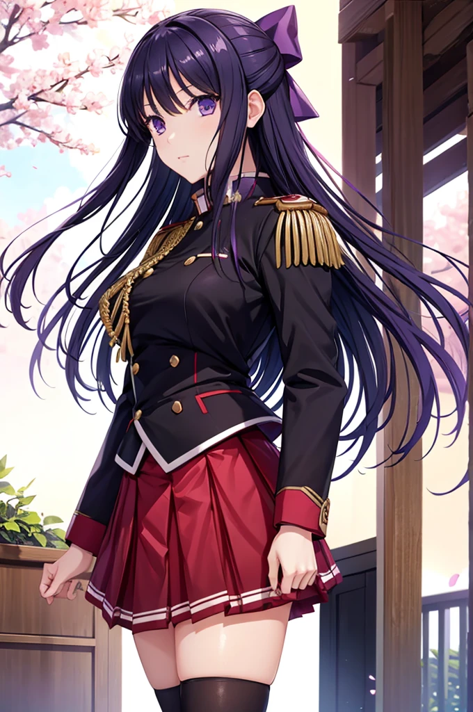 Akane Ryuuzouji、Black jacket uniform、Red pleated skirt、Epaulettes、aiguillette、Purple head ribbon