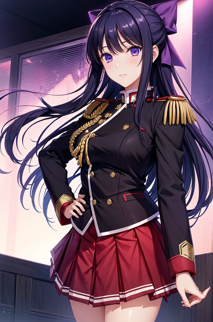 Akane Ryuuzouji、Black jacket uniform、Red pleated skirt、Epaulettes、aiguillette、Purple head ribbon