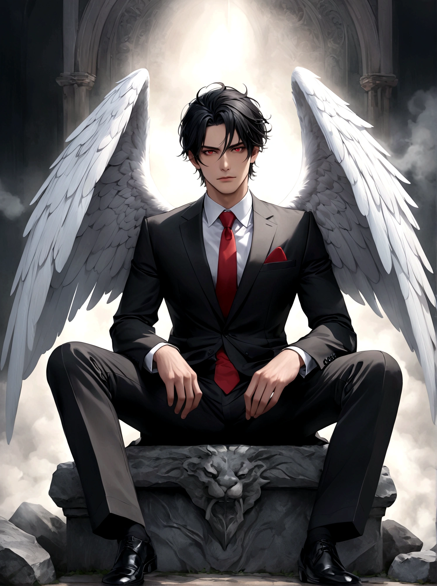 night,A Western man sitting on a stone seat,Night,Thick fog,Smoke background,耸立在云端的Stone Throne,Stone Throne,black hair,Black Hair,Black suit suit,Black suit,Red tie,Red pupils,Red pupil,Colored Contact Lenses,There is a pair of huge angel wings behind,Crossing your legs,Hyperrealism,