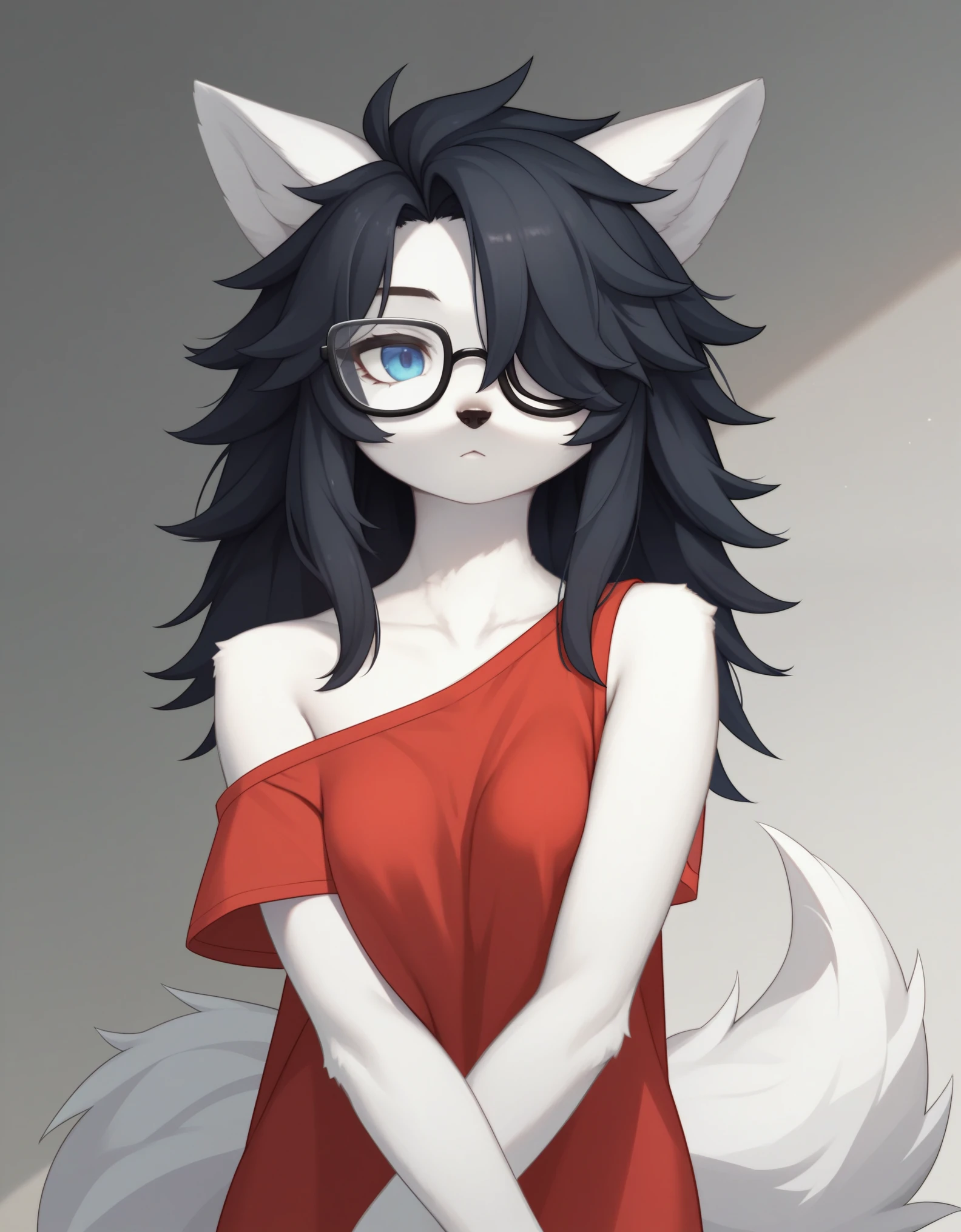 Solo, score_9,score_8_up,score_7_up, kemono style, a young nerdy Anthro furry wolf woman, wolf snout, white furry body, tall, long black messy hair, black hair, hair in a pony tail, hair covering one eye, white wolf tail, blue eyes, white wolf ears, white wolf tail, small breasts, wearing oversized red shirt, exposed shoulder, black square thick rimmed glasses, portrait, close up, expressionless