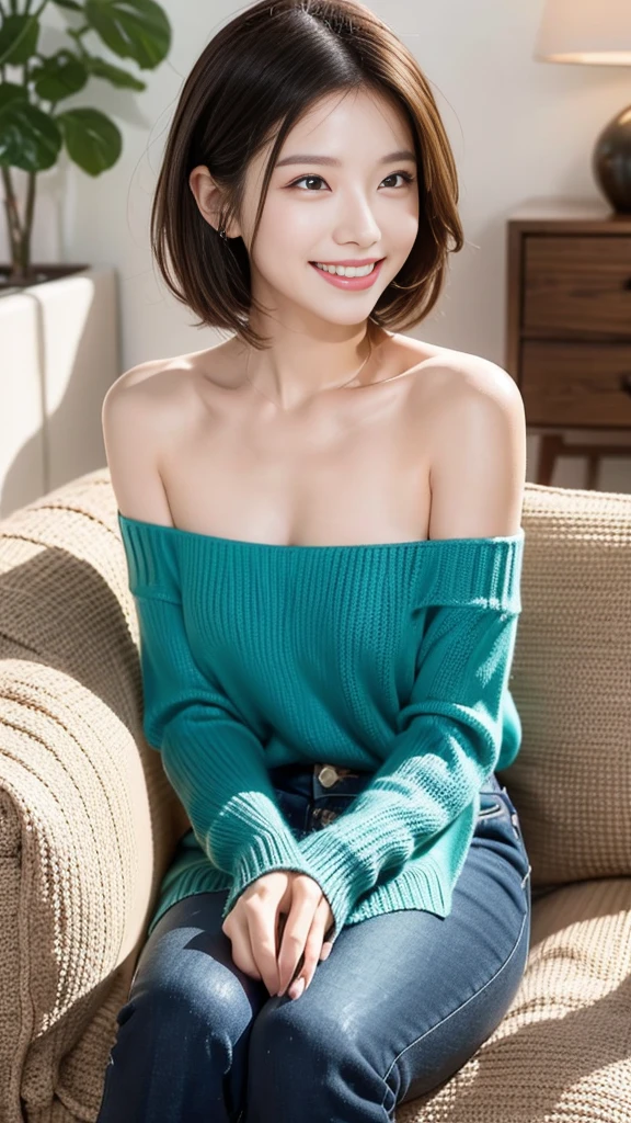 "prompt": "A woman with short black hair is sitting on a sofa, wearing a colorful off-shoulder knit that reaches her knees. She is radiating the best smile, exuding warmth and happiness. The scene is set in a cozy living room with soft lighting, highlighting her joyful expression. The knit is vibrant and detailed, adding a pop of color to the setting. The overall atmosphere is cheerful and inviting, capturing a moment of pure joy and comfort.",