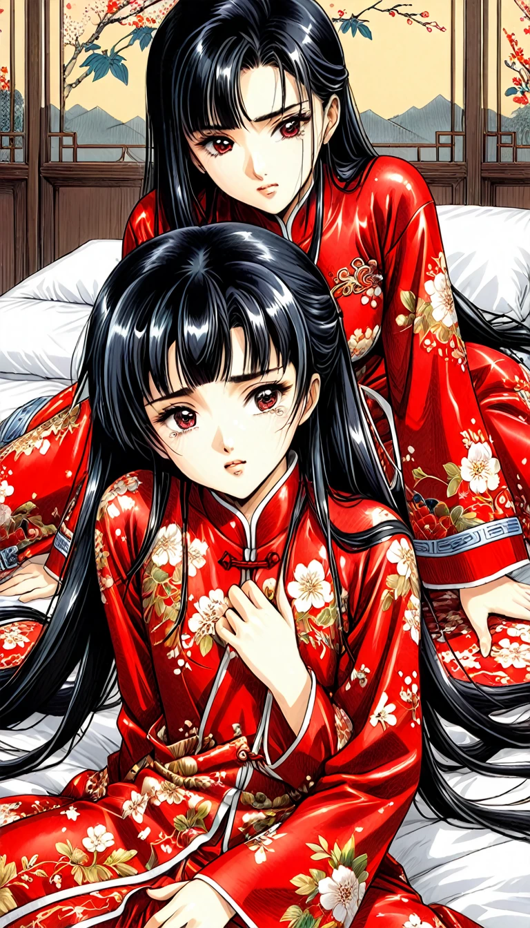 8k Tragic historical drama in live-action style: Beautiful palace secrets　Beautiful 10 year old Chinese Kung Fu princess with long black hair gets fingered hard　Gorgeous embroidery, Ultra glossy, She is wearing a shiny red top and bottom long sleeve floral pajama kung fu suit....　　She cries loudly and is laid down on a floral futon while the emperor plays with her nipples.