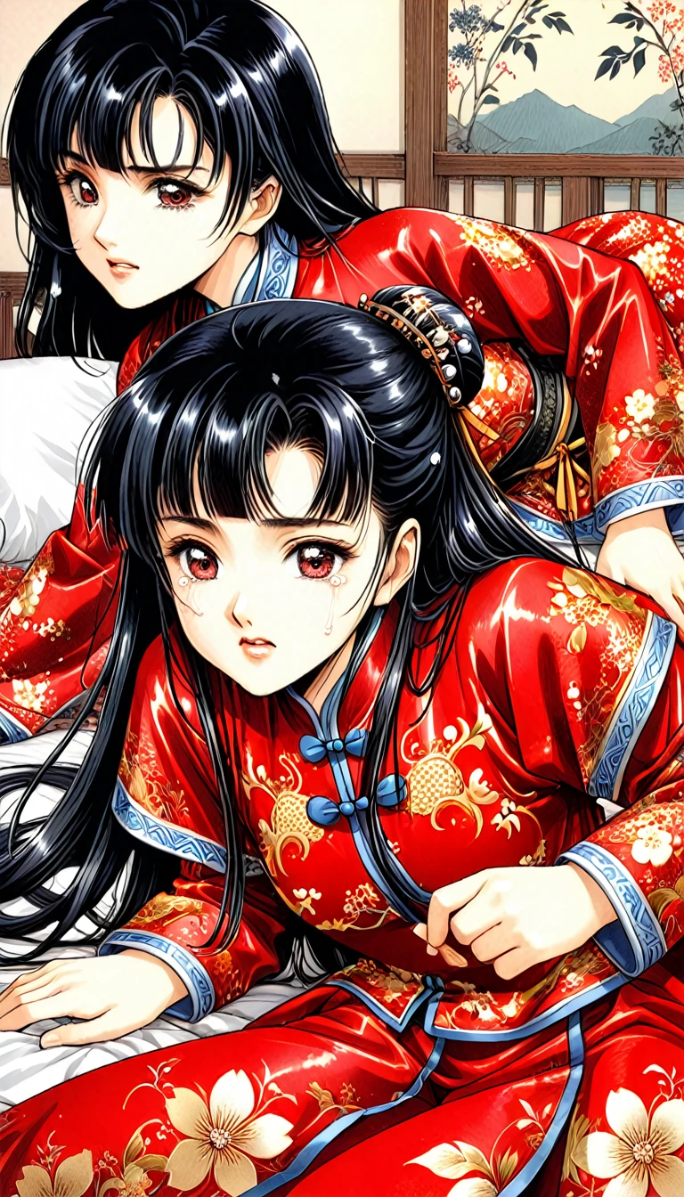 8k Tragic historical drama in live-action style: Beautiful palace secrets　Beautiful 10 year old Chinese Kung Fu princess with long black hair gets fingered hard　Gorgeous embroidery, Ultra glossy, She is wearing a shiny red top and bottom long sleeve floral pajama kung fu suit....　　She cries loudly and is laid down on a floral futon while the emperor plays with her nipples.