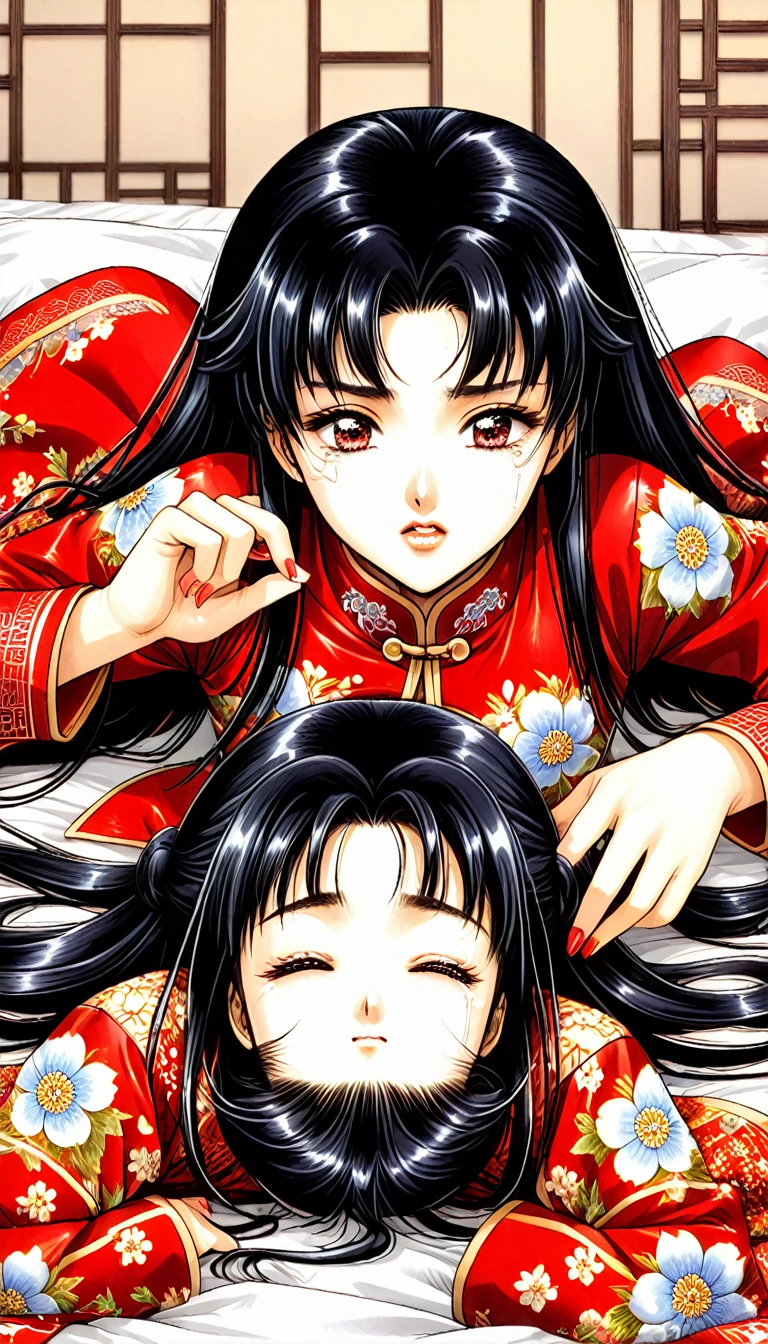 8k Tragic historical drama in live-action style: Beautiful palace secrets　Beautiful  Chinese Kung Fu princess with long black hair gets fingered hard　Gorgeous embroidery, Ultra glossy, She is wearing a shiny red top and bottom long sleeve floral pajama kung fu suit....　　She cries loudly and is laid down on a floral futon while the emperor plays with her nipples.