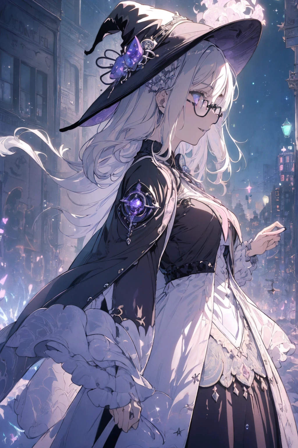 (witchcraft photo:1.1,in neon downtown:1.5), Masterpiece, best quality, (very detailed CG unity 8k wallpaper), (best quality), High definition RAW color art, Animation,sculptures, (silver Marble Skin), (((Ultra detailed elegant))), Magical atmosphere, Detailed skin, Texture,(Intricately detailed, Fine detail, ultra-detail art), depth of fields, bokeh, Silky Touch, Hyper Detail, beautiful eyes, Elegant Face, (ローブ, profile), sparkle background, (silver hair), pastel purple, fat, shorthair, dress, フリル, witchcraft hat, Round Glasse:1.4, enormous breast, リボン, kawaii smile