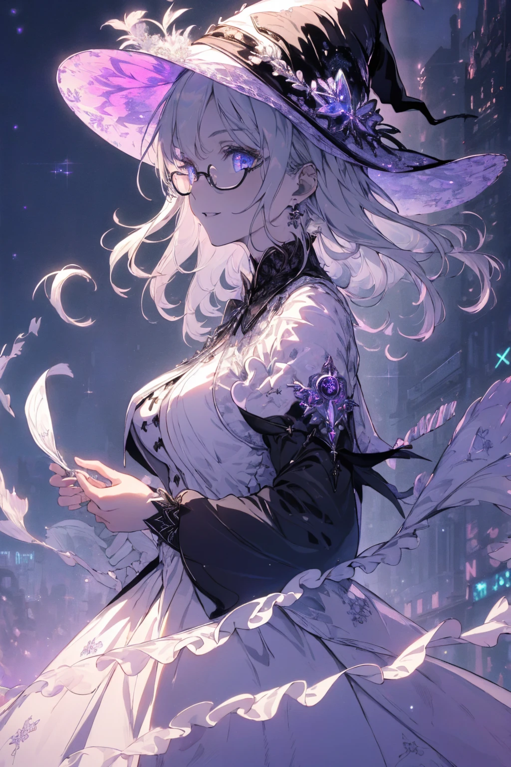 (witchcraft photo:1.1,in neon downtown:1.5), Masterpiece, best quality, (very detailed CG unity 8k wallpaper), (best quality), High definition RAW color art, Animation,sculptures, (silver Marble Skin), (((Ultra detailed elegant))), Magical atmosphere, Detailed skin, Texture,(Intricately detailed, Fine detail, ultra-detail art), depth of fields, bokeh, Silky Touch, Hyper Detail, beautiful eyes, Elegant Face, (ローブ, profile), sparkle background, (silver hair), pastel purple, fat, shorthair, dress, フリル, witchcraft hat, Round Glasse:1.4, enormous breast, リボン, kawaii smile
