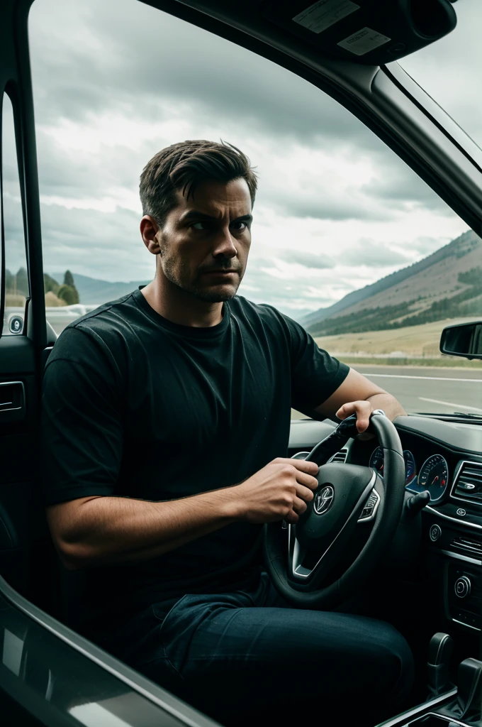 One man sitting fear in the car behind the window one ghost standing