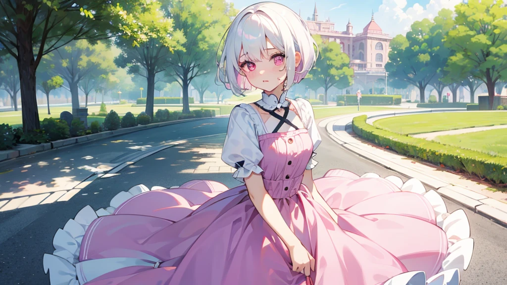 White Hair、Pink Eyes、Short Hair、Cute、One Girl、Only one girl、Daytime、Wearing a dress、at the park、Sweaty