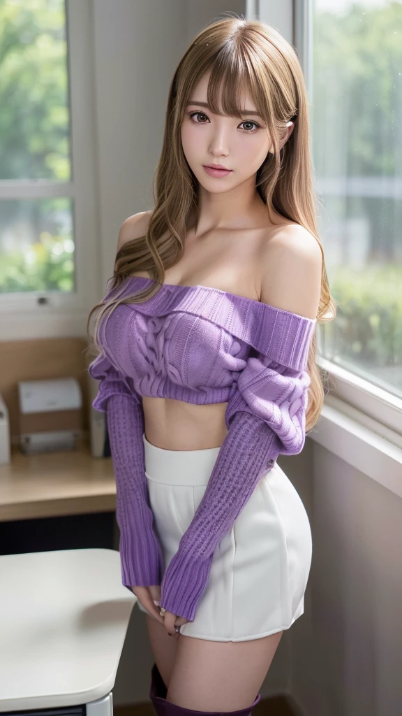(超High resolution, masterpiece, Anatomically correct, Textured skin, Super detailed, Highest quality, High resolution, 8K, bloom, Front light:1.2, Perfect dynamic composition), (24-years-old, Cute and sexy high school student, Sexy Face, Long face, Distant eyes, Gentle eyelids, Thin eyebrows, Gentle corner of the eye, Beautiful Nose, It will totally charm you, Eyes that feel erotic, A taste of beautiful eroticism, Too cute beauty), (Classy and cute girl:1.3), (1 Girl, One Girl), ((Wearing a purple off-the-shoulder sweater:1.3)), (White pleated mini skirt), (Knee-high boots), (Medium sized big breasts, Slim figure, Toned Abs, Hard breasts:1.1), Beautiful clavicle, (Dark blonde hair, Wavy Hair, Long Hair:1.2), ((Asymmetrical bangs:1.2)), break, ((Standing by the window, touching my hair:1.2)), (From the side:1.1), (視聴者をFrom the side見る:1.2), ((Focus on the face:1.2)),((A morning in a modern Japanese office:1.2)), (close),