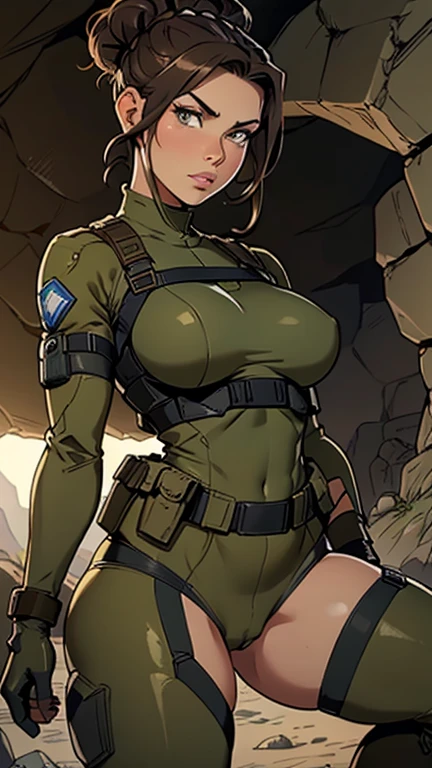 Lauren Cohan as Israel military woman, beautiful, beautiful face, beautiful hazel eyes, brunette hair bun hairstyle, puffy lips, slim athletic body, perfect breasts, round ass, cameltoe, thick thighs, israel military uniform, tactical gear, tactical gloves, black combat boots, cave in background, tight fit full outfit, head to toe, armored vehicle