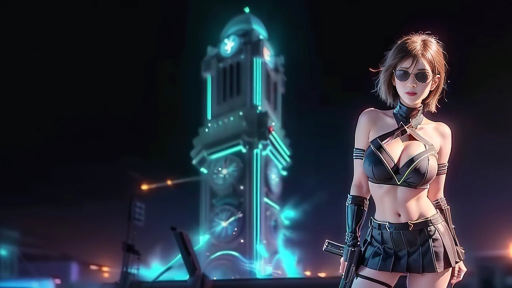 (aerial view). at night, futuristic sci-fi cyberpunk city, broad viaduct, skyscrapers at the end of the viaduct, the movie "13th Floor" style, (((((voltex-spirit-spreading giant clock tower as time machine))))), hq. Matrix style, at night, (1girl, solo), photo realistic, (large-??????:1.2 slim body, cleavage:1.3), (((tube top, extreamly short pleated (((miniskirt))) exposing ?????))), (((((matrix style black sunglasses))))), (((((aiming at camera with a (short pistol)))))), (((half-body (thigh level) medium shot))), (cinematic lighting).