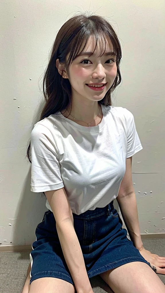 (top-quality、8k、32k、masterpiece、UHD:1.2)、Photo of a cute Japanese woman、a smile、beauitful face、(Slouched:1.3)、crouching down、(From above:1.2)、(a closeup:1.4)、pov、Loose-fitting t-shirt、large full breasts、(beautiful nipple slips:0.9)、the wind、shinny skin、blurry backround、