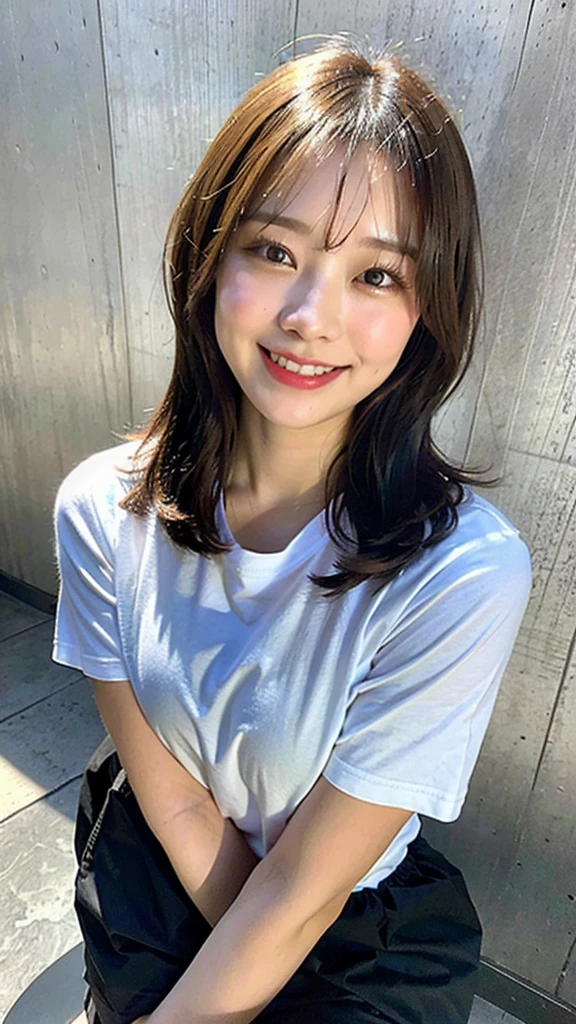 (top-quality、8k、32k、masterpiece、UHD:1.2)、Photo of a cute Japanese woman、a smile、beauitful face、(Slouched:1.3)、crouching down、(From above:1.2)、(a closeup:1.4)、pov、Loose-fitting t-shirt、large full breasts、(beautiful nipple slips:0.9)、the wind、shinny skin、blurry backround、