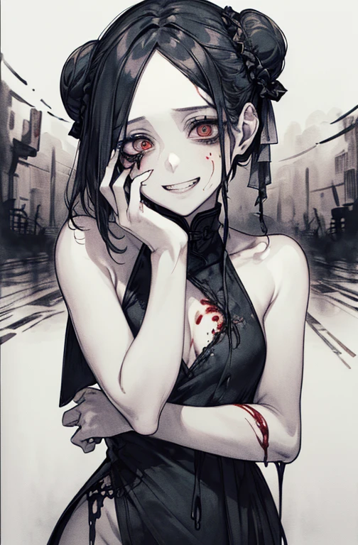 （Place your hands behind your head）、(masterpiece: 1. 2, Highest quality), (Live Action, Exquisite detail), (Anatomically correct), (1 Girl, Upper Body, Small breasts, Eyes Wide Open, Scary atmosphere, Distorted representation, Wicked Smile, Bleeding eyes, Blood splatter, whole body, China dress, Twin tail bun, Black Hair, (Dark circles under the eyes), white, Sickly, Crazy Eyes, (Grin), Dramatic makeup, Mixed Media Art, whiteの背景