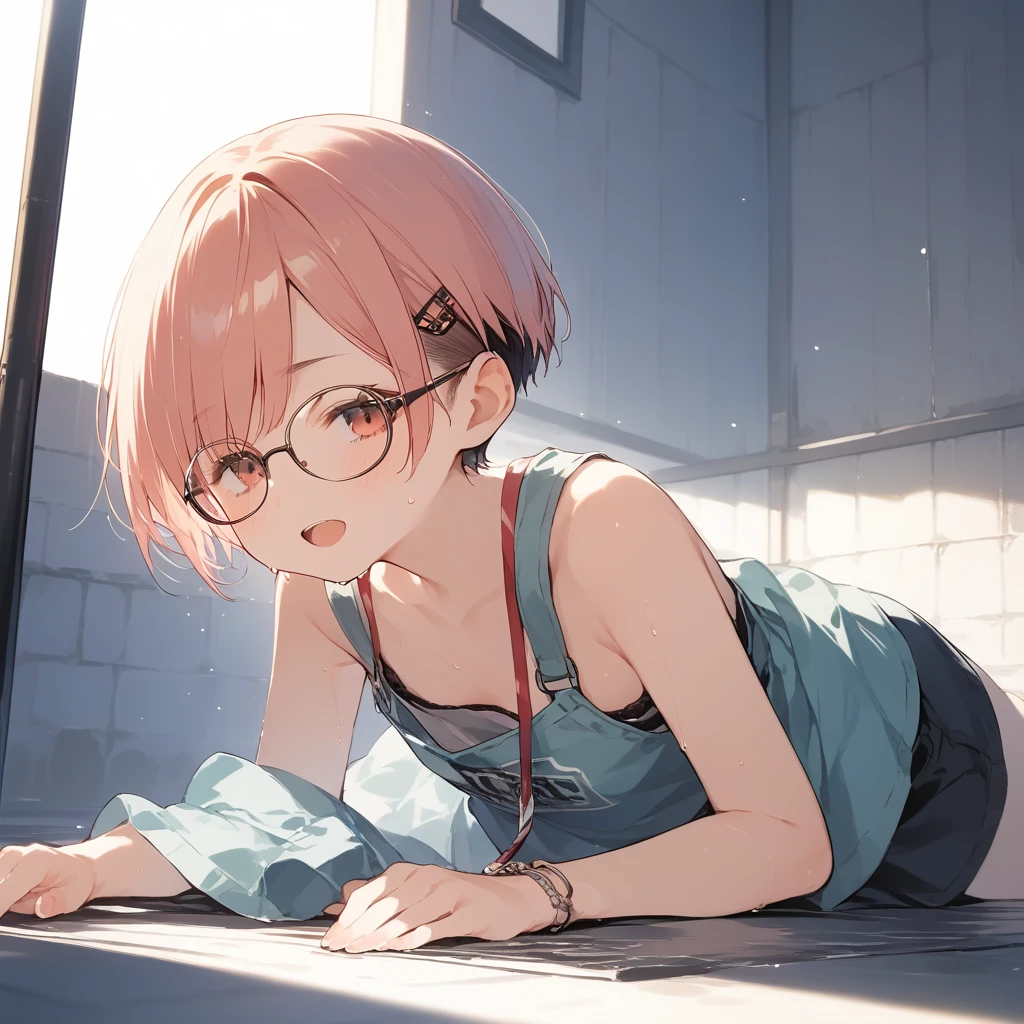 score_9, score_8_up, score_7_up, source_anime, best quality, masterpiece, official art, absurdres, highres, ultra-detailed,waifu2x,Collection: Slice of Life,break,1girl, very short hair,pixie cut, long bangs, glasses, small breasts, thighs, sweat, open mouth, outdoors, summer, break,(clear line illustration:1.2),very high resolution, very aesthetic, super detailed skin, Best sexual lighting powered by famous artist, 8k,cute picture,beauty illustration,photoshop_(medium),,(Detailed Lighting),best anime 8k konachan wallpaper, pixiv contest winner,