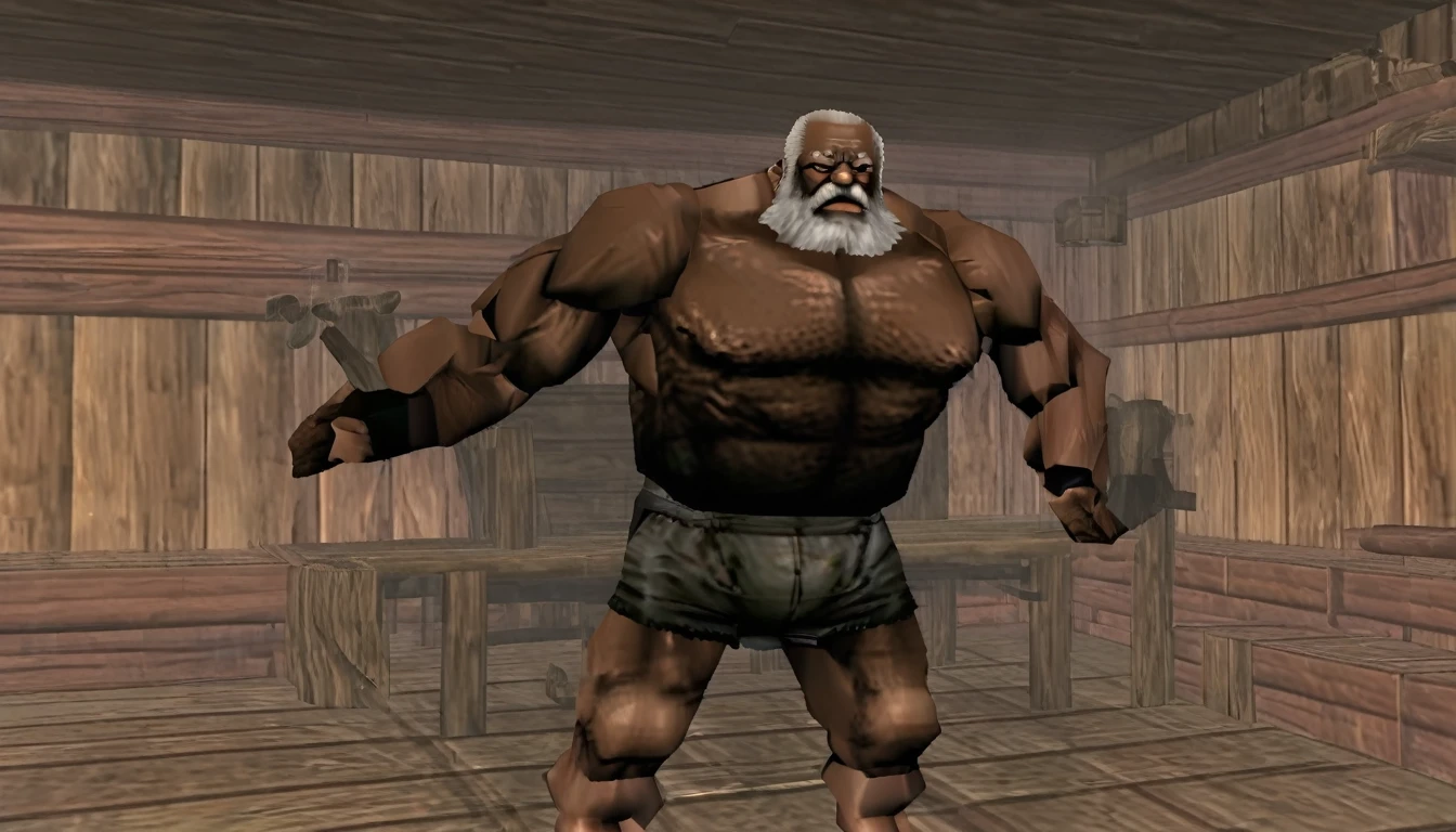 The bronze-skinned old man is in the sauna. He is strong and powerful, as hard as iron. He is strong and developed, full of strength. The old giant is sitting in the sauna. Full body photo。Just as big，Too much muscle。The bronzed old man in shorts has a particularly large body。Strong and powerful, hard like a piece of iron, well-developed, full of strength, with a lot of flesh, and black skin。The whole body is getting bigger and stronger. Front view