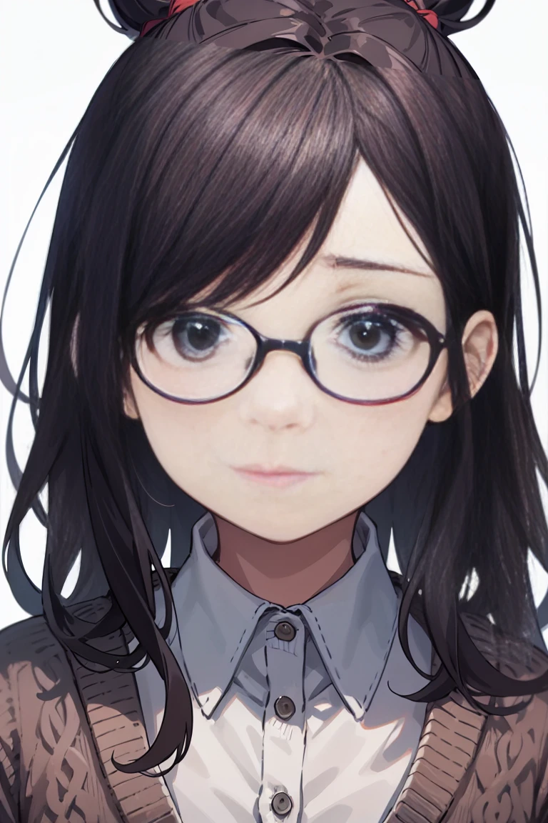 (highest quality), Portrait, glasses, topknot, ((Cardigan)), black hair, ((black Eyes)), Beautiful Eyes, Anguished face, ((white background)), (masterpiece)