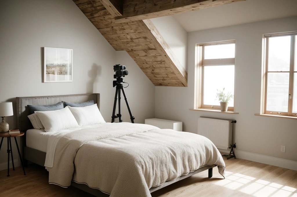 there is a bed with a white comforter and a tripod on the wall, bedroom interior, fotografia, bedroom background, photorealistic room, picture of a loft in morning, cinematic realistic photo, natural light in room, realistic studio photo, inside of a bedroom, art photography style, bedroom, photo realistic image, pov photo, photorealistic picture, photo of a beautiful