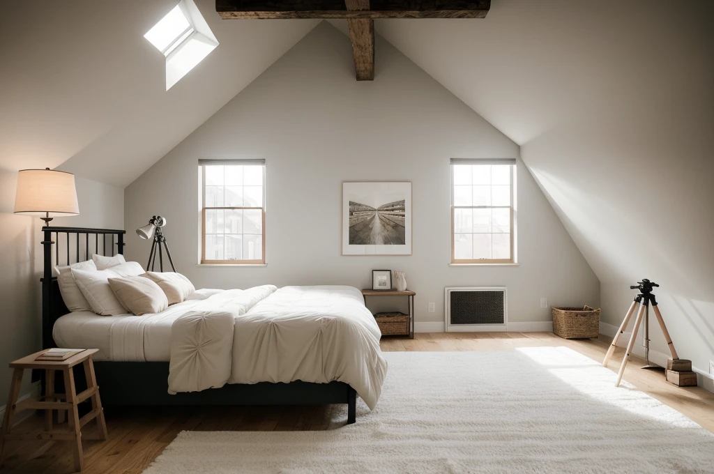 there is a bed with a white comforter and a tripod on the wall, bedroom interior, fotografia, bedroom background, photorealistic room, picture of a loft in morning, cinematic realistic photo, natural light in room, realistic studio photo, inside of a bedroom, art photography style, bedroom, photo realistic image, pov photo, photorealistic picture, photo of a beautiful