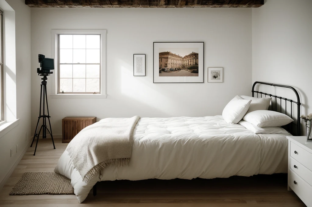 there is a bed with a white comforter and a tripod on the wall, bedroom interior, fotografia, bedroom background, photorealistic room, picture of a loft in morning, cinematic realistic photo, natural light in room, realistic studio photo, inside of a bedroom, art photography style, bedroom, photo realistic image, pov photo, photorealistic picture, photo of a beautiful