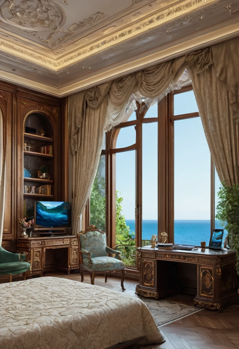 close up of a house with big led tv in the background, a hyperrealistic, renaissance, luxurious furniture matching with the color of the palace, inside the giant palace, a computer desk with a highend computer on it, some speakers on it, and a notebook on the side table, a bed near it, an open window with an ocean and vegetation or forest scenery outside the window, luxurious environment, dream room