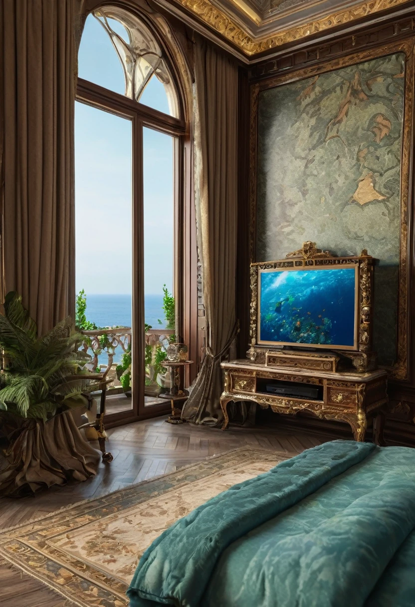 close up of a house with big led  tv in the background, a hyperrealistic, renaissance, luxurious furniture matching with the color of the palace, inside the giant palace, a computer desk with a highend computer on it, some speakers on it, and a notebook on the side table, a bed near it, an open window with an ocean and vegetation or forest scenery outside the window, luxurious environment, dream room