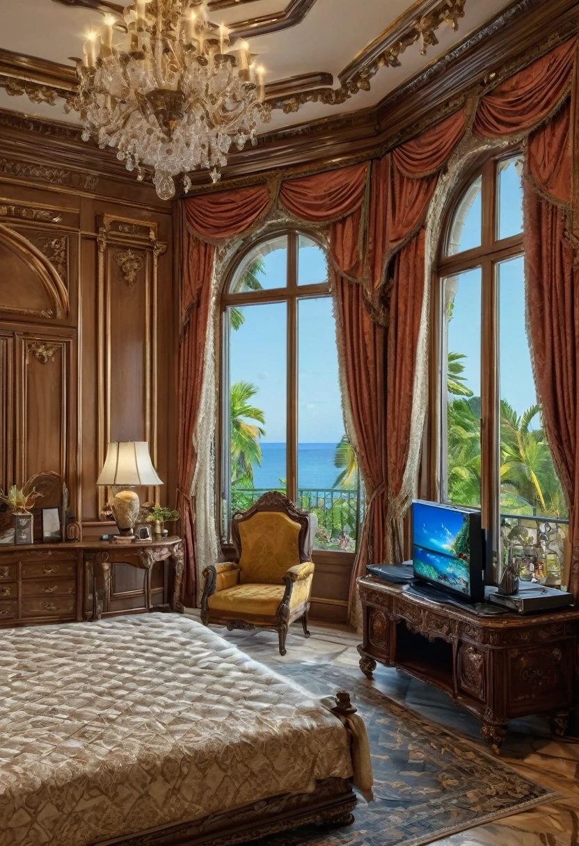 close up of a house with big led tv in the background, a hyperrealistic, renaissance, luxurious furniture matching with the color of the palace, inside the giant palace, a computer desk with a highend computer on it, some speakers on it, and a notebook on the side table, a bed near it, an open window with an ocean and vegetation or forest scenery outside the window, luxurious environment, dream room