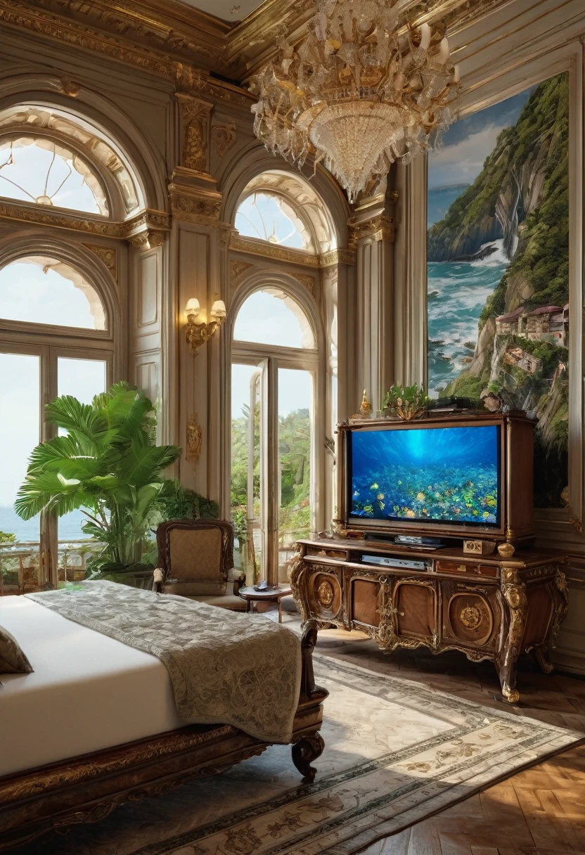 close up of a house with big led tv in the background, a hyperrealistic, renaissance, luxurious furniture matching with the color of the palace, inside the giant palace, a computer desk with a highend computer on it, some speakers on it, and a notebook on the side table, a bed near it, an open window with an ocean and vegetation or forest scenery outside the window, luxurious environment, dream room